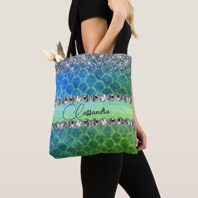 Bolsa Tote Glittery Blue Green Smermaid Bling (Close Up)
