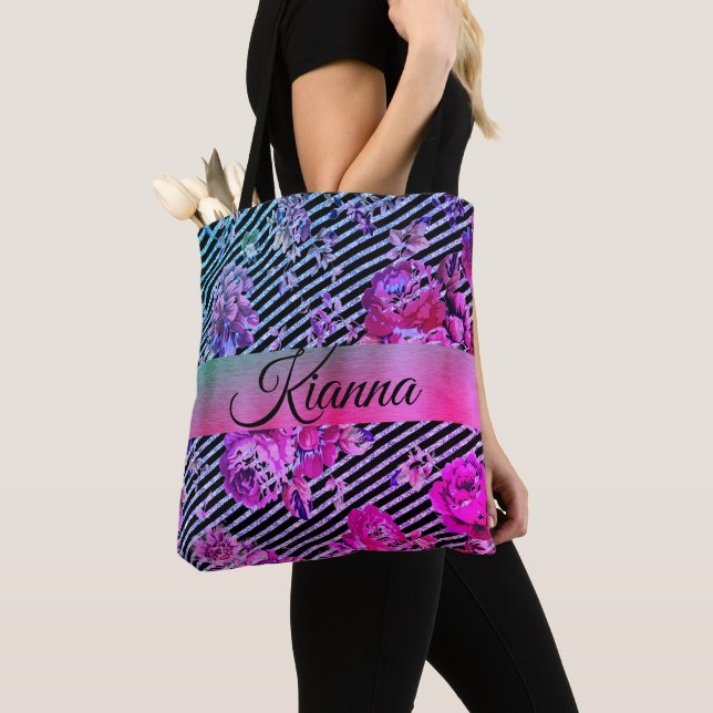 Bolsa Tote Glittery Hot Pink and Teal Floral Personalizado (Close Up)