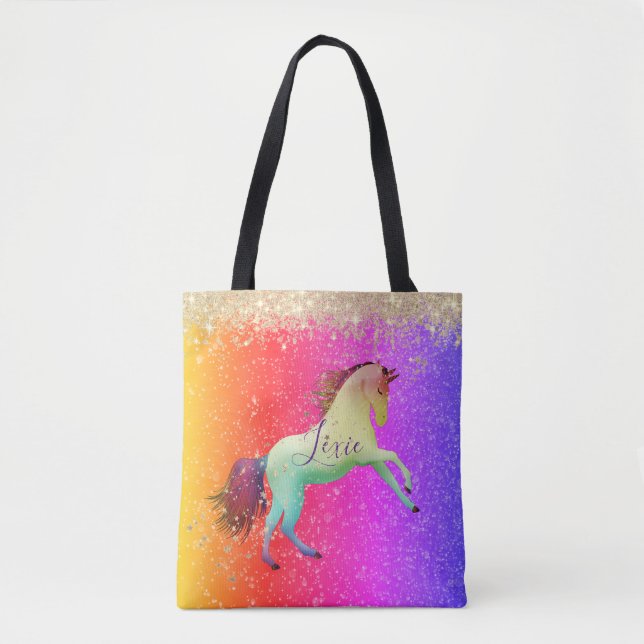Bolsa Tote Glittery Rainbow Unicorn Personalizado (Frente)