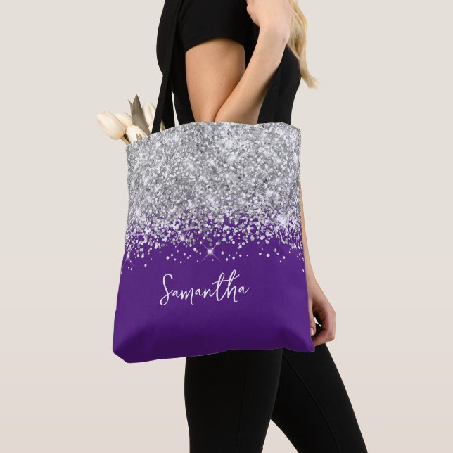 Bolsa Tote Glittery Silver e Royal Purple Glam Name (Close Up)