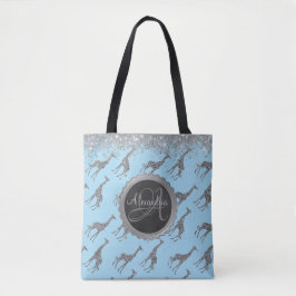 Bolsa Tote Glittery Silver Giraffe on Blue Personalised