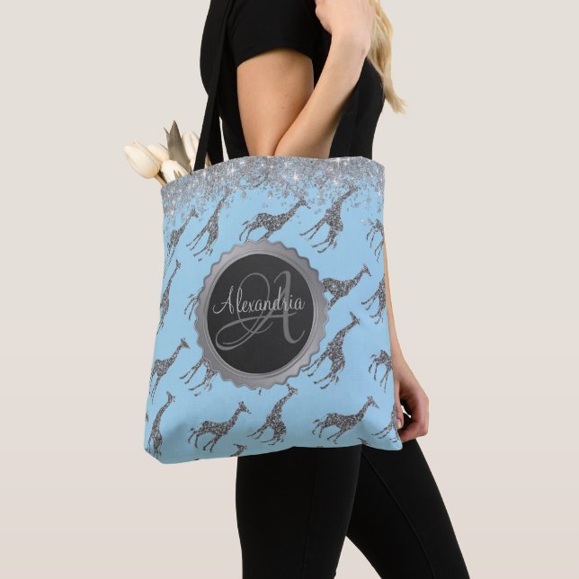 Bolsa Tote Glittery Silver Giraffe on Blue Personalised (Close Up)