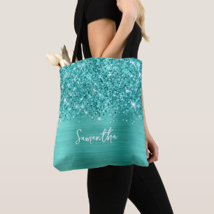 Bolsa Tote Glittery Turqoise Teal Glam Name
