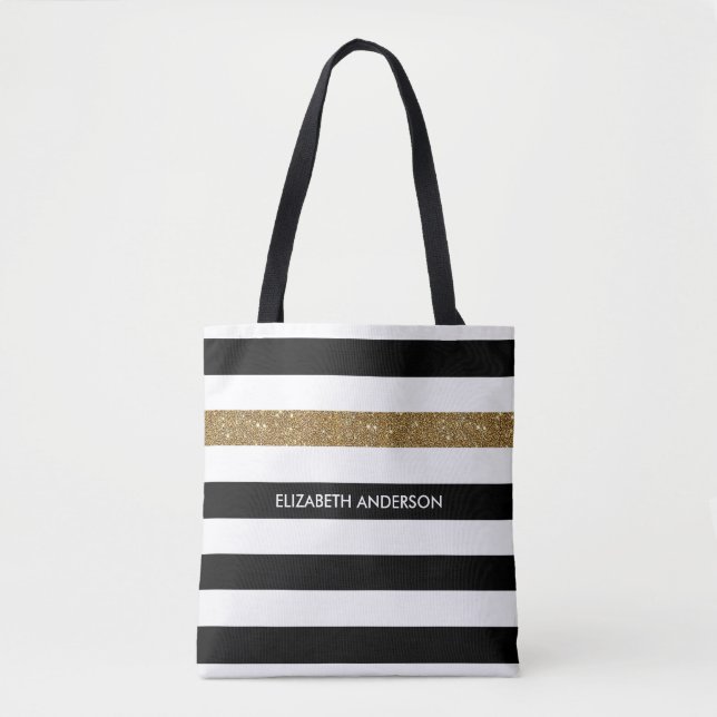 Bolsa Tote Glitz e nome Dourados de FAUX em Black Stripes Mod (Frente)