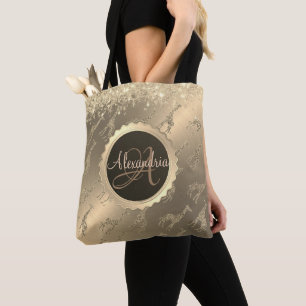 Bolsa Tote Glitzy Girafas no Saco do Monograma Dourado Glitzy