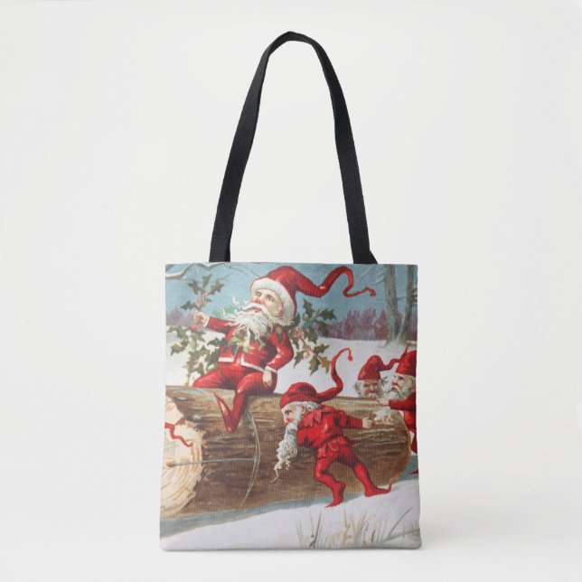 Bolsa Tote Gnomes dragging a cut tree trunk through the snow (Frente)