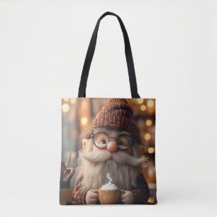 Bolsa Tote Gnomo Aconchegante Desfrutando de uma Xícara de Ca