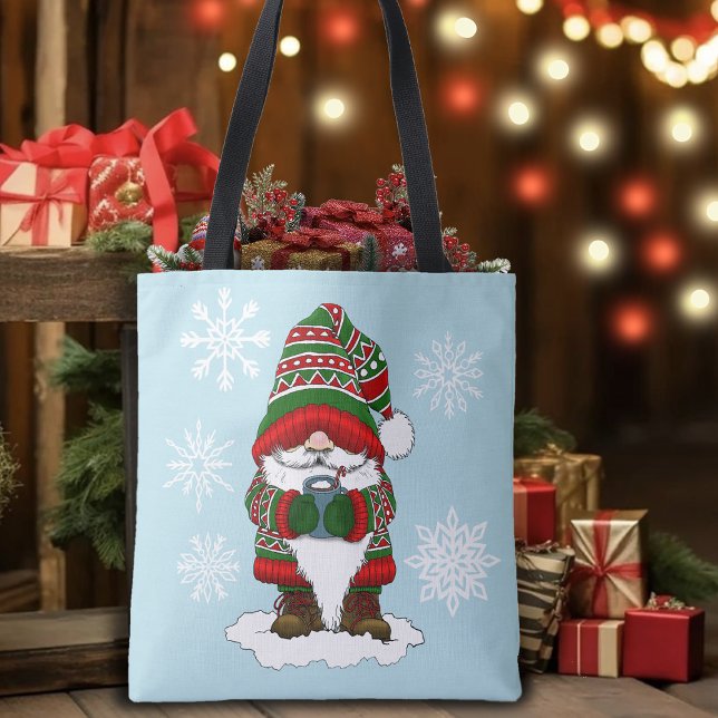 Bolsa Tote Gnomo de Natal Aconchegante Vermelho Verde Inverno (Criador carregado)