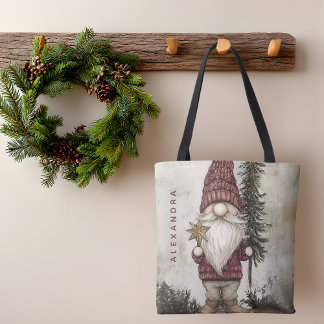 Bolsa Tote Gnomo de Natal para os Feriados Nome Personalizado