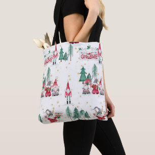 Bolsa Tote Gnomos de Natal em Floresta Flocos de Neve Aquarel