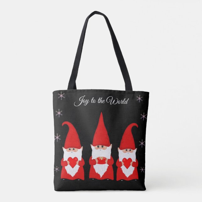 Bolsa Tote Gnomos de Natal Fofos em Preto (Verso)