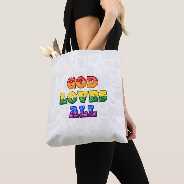 Bolsa Tote "God Loves All" Gay/LGBTQIA+/Queer Christian Pride (Close Up)