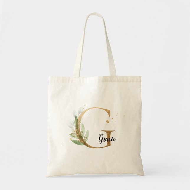 Bolsa Tote Gold Leaf Greenery Elegant Foliage Monogram G Tote (Frente)