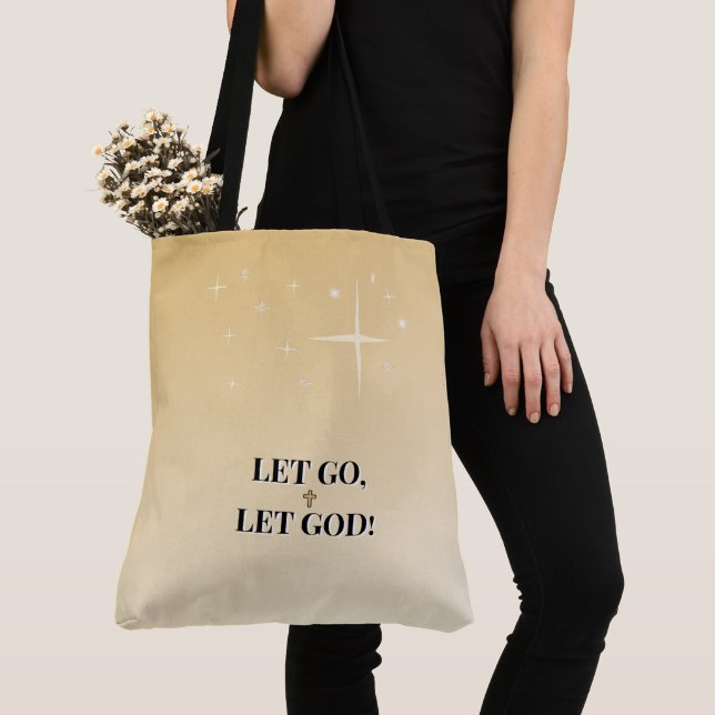 Bolsa Tote Golden Cross Let Go Let God Light (Close Up)