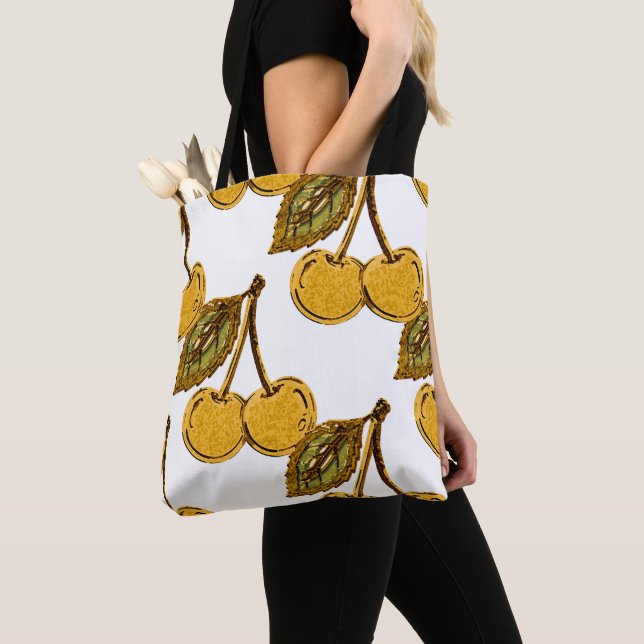 Bolsa Tote Golden Metallic Cherries Pattern (Close Up)