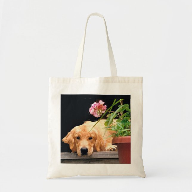 Bolsa Tote Golden retriever com sacola da flor (Frente)