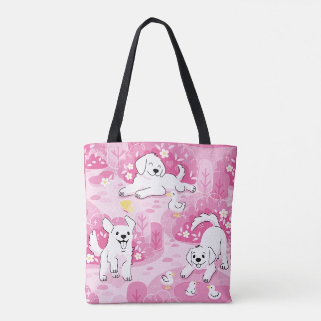 Bolsa Tote Golden Retriever Puppy in Pink Garden (Verso)