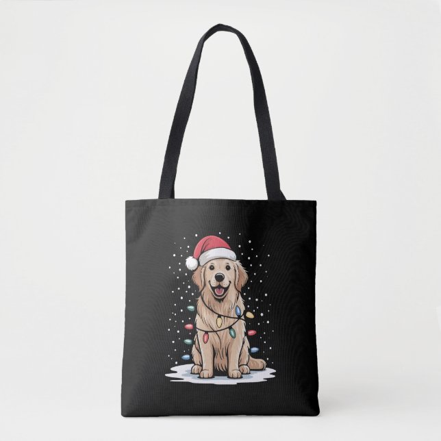 Bolsa Tote Golden Retriever Santa Christmas Tree Lights Xmas (Frente)