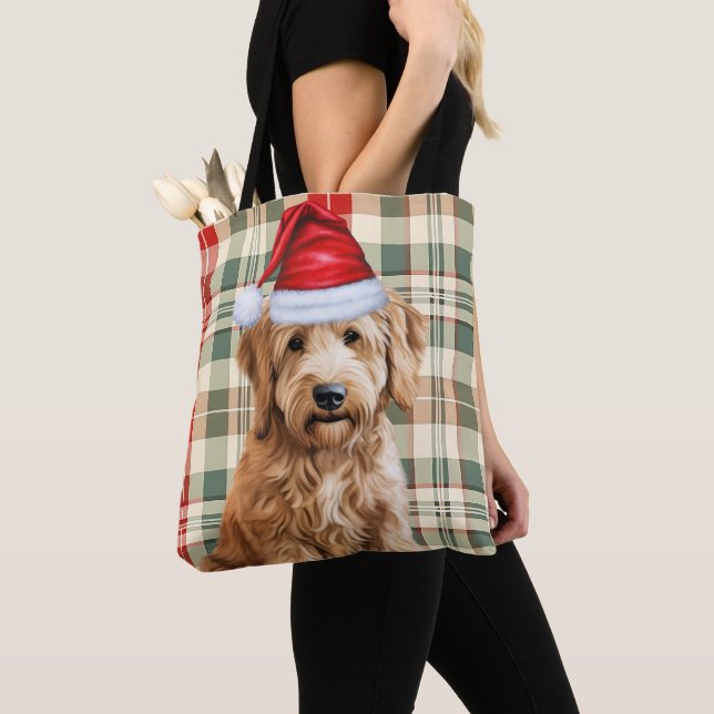 Bolsa Tote Goldendoodle Natal Cachorro Xadrez Sazonal (Close Up)