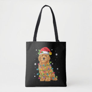Bolsa Tote Goldendoodle Natal Santa Hat Luzes Fadas