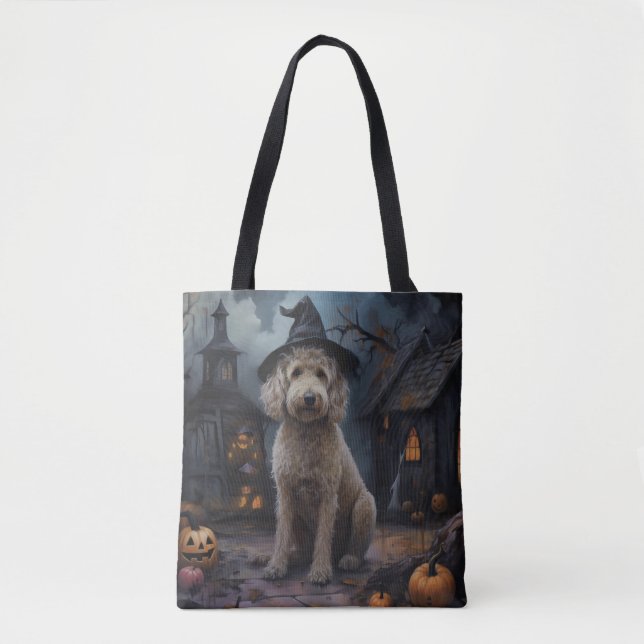 Bolsa Tote Goldendoodle Pumpkins Halloween Assustado (Frente)