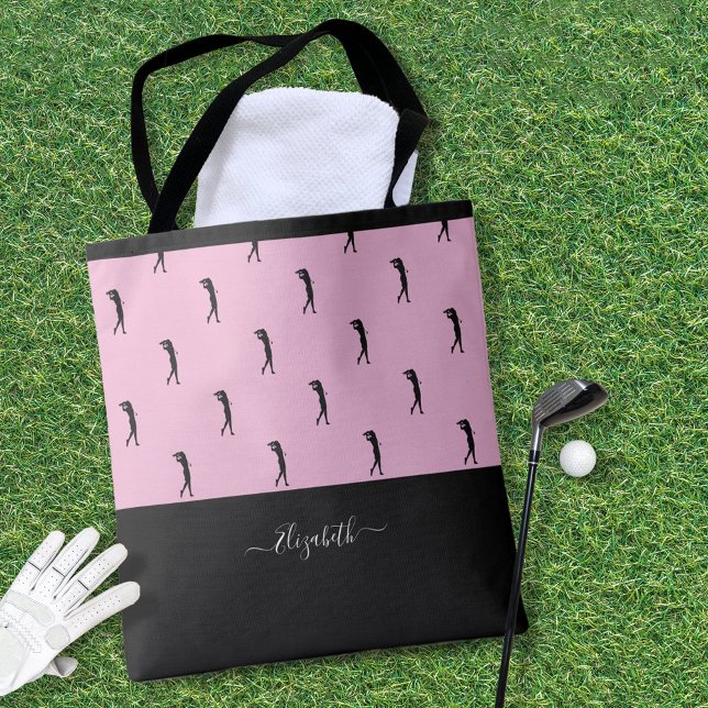 Bolsa Tote Golfer Moderno de cor-de-rosa personalizado (Personalized Golfer Modern Silhouette Pink Black Tote Bag)