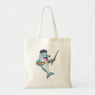 Bolsa Tote Golfinho como Pintor com Pincel de Tinta e Cor