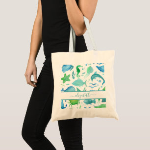 Bolsa Tote Golfinhos-do-mar-verde-azul, nome elegante