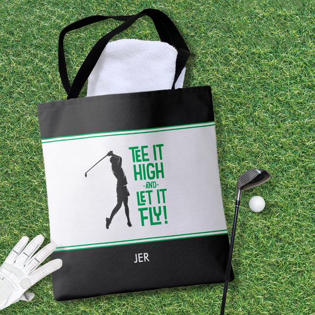 Bolsa Tote Golfista Bonito Humor Humor Preto Moderno (Cute Golfer Golf Humor Funny Modern Black, Green & White Tote Bag For Her)
