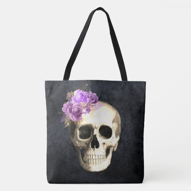 Bolsa Tote Gótica Glam Caveira Roxo Rosa Halloween (Frente)