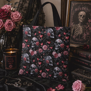 Bolsa Tote Gótico Caveira & Rosas Floral Escuro