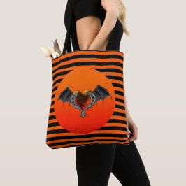 Bolsa Tote Gótico de Halloween Coração Laranja e Asas de Bat