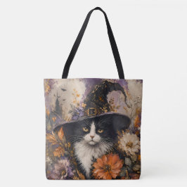 Bolsa Tote Gótico Fantasioso Gata Preta Feiticeira Floral Out