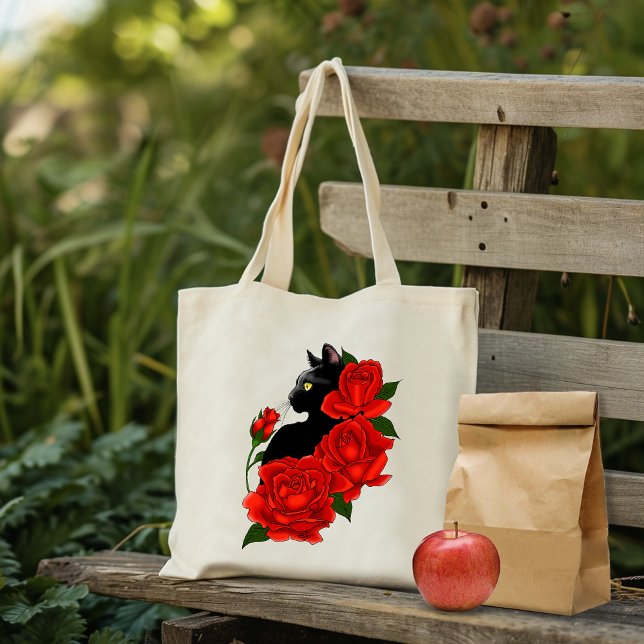Bolsa Tote Gótico Gato Preto Rosas Vermelhas Roxo (Criador carregado)