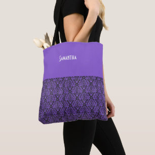 Bolsa Tote Gótico Vitoriano Roxo Nome do Damasco Negro Broca