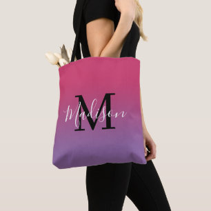Bolsa Tote Gradação Rosa a Roxo do Nome do Monograma Modern