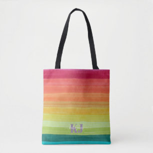 Bolsa Tote Gradiente de Aquarela Arco-Íris   Monograma