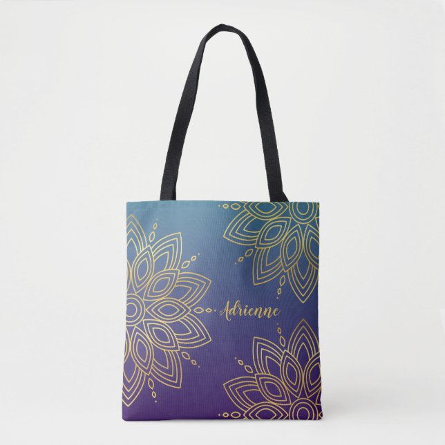 Bolsa Tote Gradiente de Teal Roxo Faux Dourada Mandala (Frente)