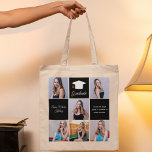 Bolsa Tote Graduação Chic 6 Colagem de Fotos Mantendo Present<br><div class="desc">Um saco de fotos de colagem de formando personalizado clássico com quadrados pretos de chic para uma mais velho de segundo grau se formando com a classe de 2025. Personalize com suas fotos de retrato de mais velho, nome da escola e classe de graduação sob a elegante caligrafia branca para...</div>