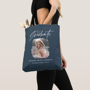 Bolsa Tote Graduação elegante de fotos com script azul do mar