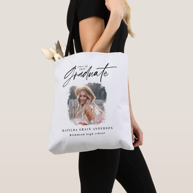 Bolsa Tote Graduação elegante de fotos com script branco pret (Close Up)