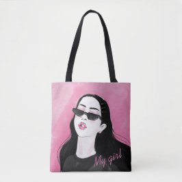 Bolsa Tote Gráfico de Rapariga Moderna Cor-de-Rosa Personaliz