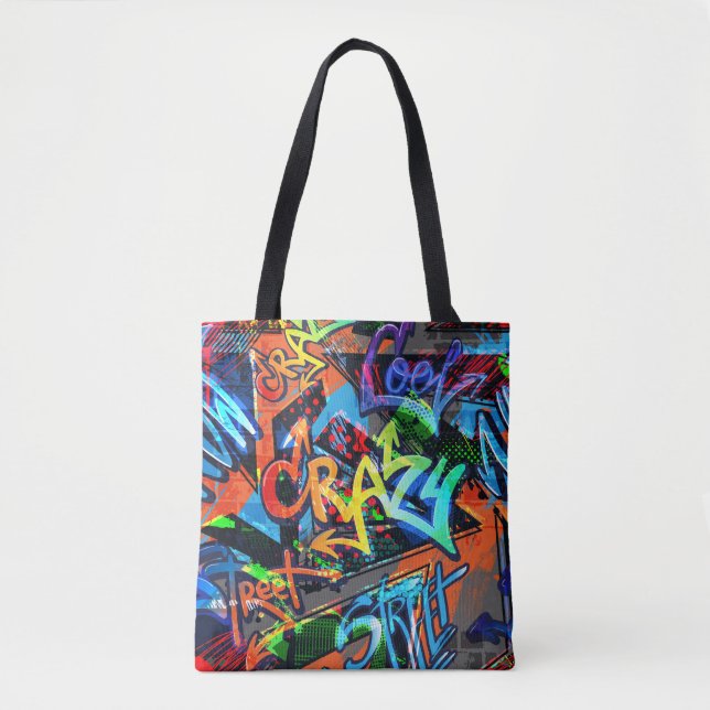 Bolsa Tote Grafite brilhante, design gráfico urbano. (Frente)
