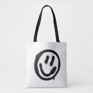 Bolsa Tote grafite sorrindo emoticon facial a preto no branco