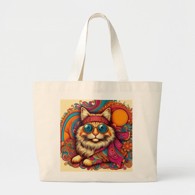 Bolsa Tote Grande 70's psychedelic cat (Frente)