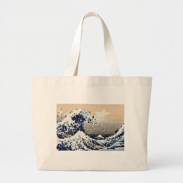 Bolsa Tote Grande A onda do Excelente de Kanagawa 8 Bit Pixel Art (Frente)