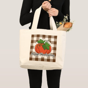 Bolsa Tote Grande Abóbora na Xadrez Marrom - Feliz Ação de Graças