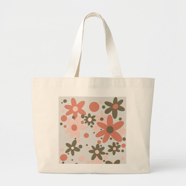 Bolsa Tote Grande Abstrato flores de coral, pêssego e verde (Frente)