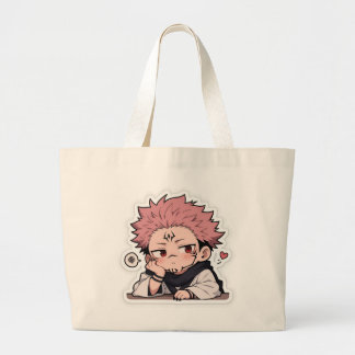 Bolsa Tote Grande Adesivo do Rei Fofo Chibi Emburrado - Cabelo Rosa
