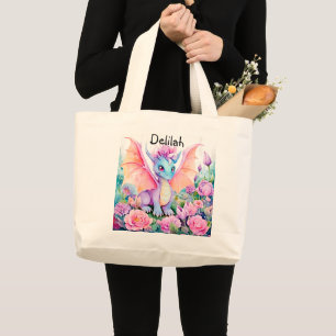 Bolsa Tote Grande Adicione nome - Bebê Dragon Wings & Flowers